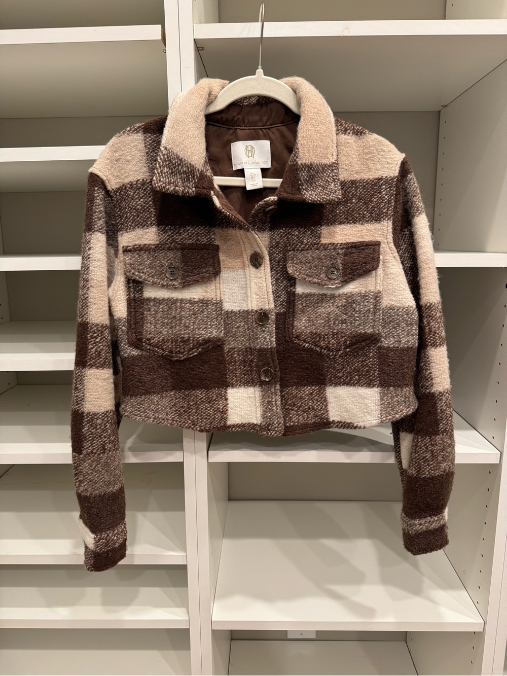 House of Harlow 1960 Wool Blend Brown Buffalo Plaid Crop Teddy Jacket, Size S